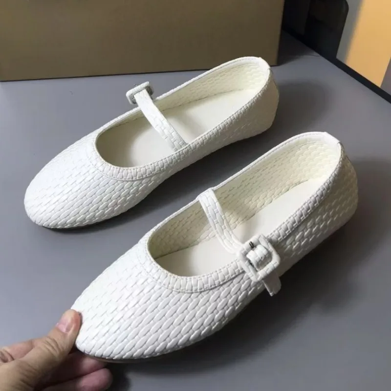 

Белые тканые женские туфли Мэри Джейн, винтажный дизайн, летняя обувь с круглым носком, классические брендовые повседневные женские балетки с пряжкой и ремешком