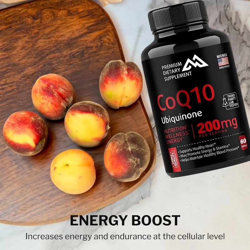 

CoQ10 200mg antioxidant supplement with high absorption promotes cellular health and overall health. 60 capsules