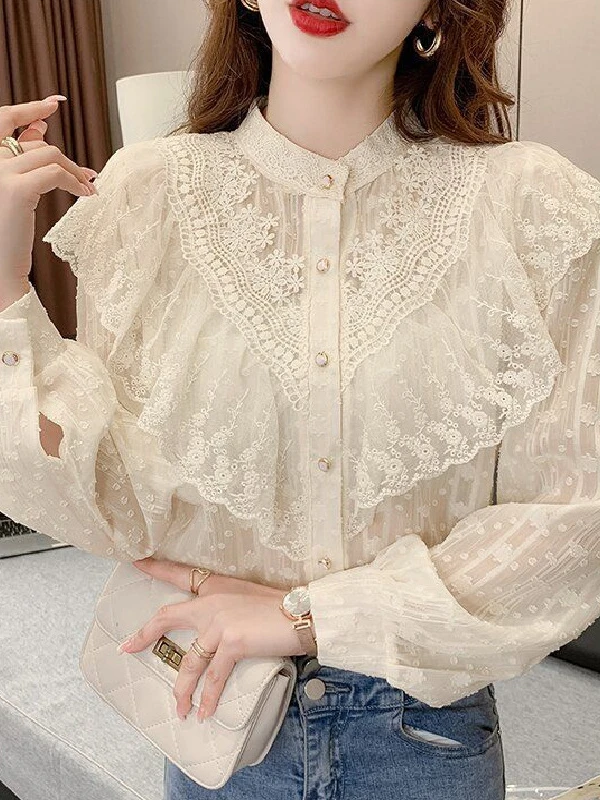 Elegant French Blouse Women Temperament Sweet Ruffles Loose Casual Tops Spring Long Sleeve Streetwear Apricot Shirts