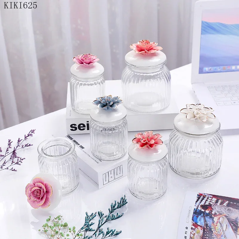 Nordic Gold-painted Flower Glass Sealed Jar Holiday Party Gift Box Small Objects Jewelry Storage Box Countertop Home Decoration