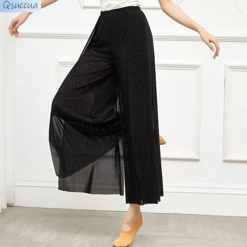 Klassische Tanz praxis Mesh Hosen seitlich Reim Yoga modernen Tanz Erwachsenen Split elegante Hose mit weitem Bein Frauen