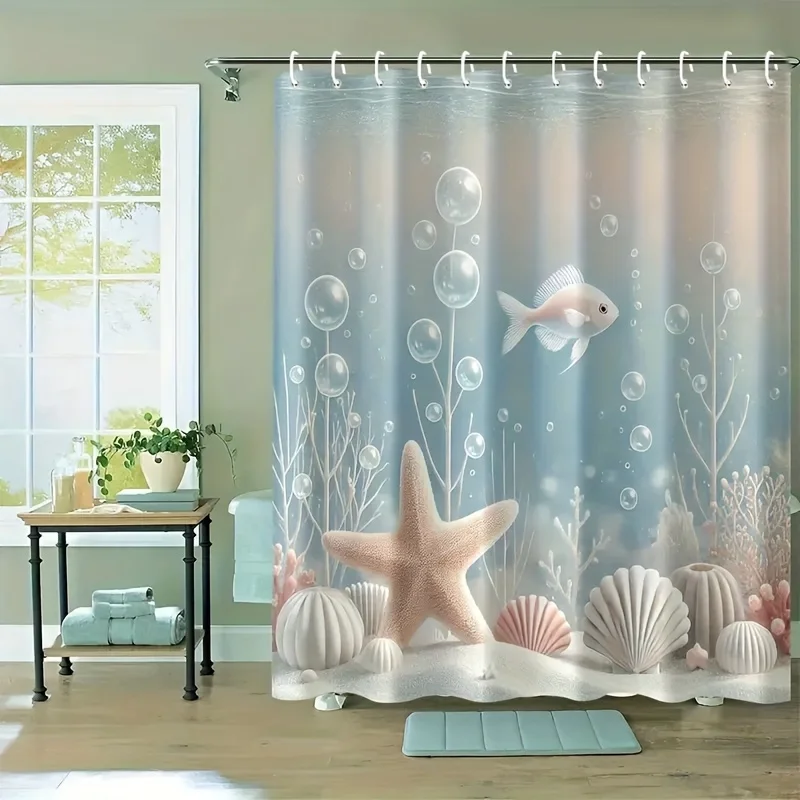 1pc Fresh Ocean Style Shower Curtain Features Marine Elements Like Starfish, Shells, Swimming Fish, And Bubbles, Creating a Refr