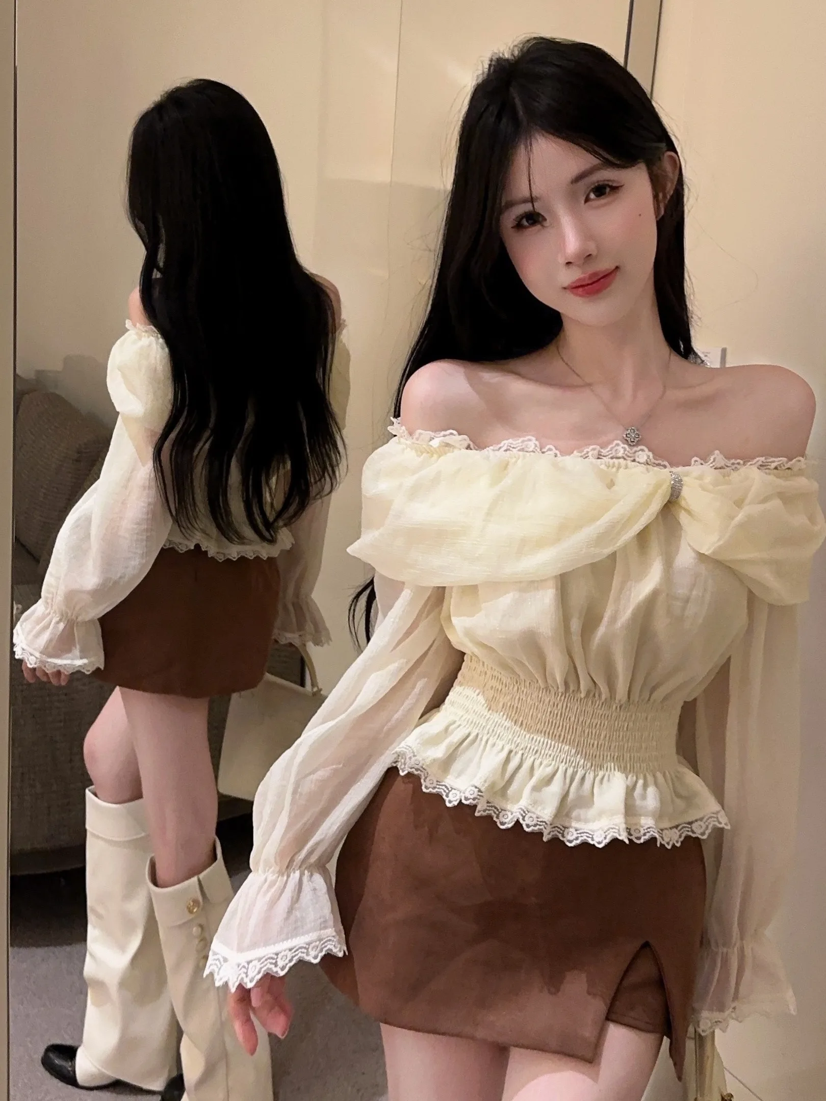 

Elegant Lace Trim Shoulder Bared Shirts Autumn Winter Long Sleeve Bell Sleeve Atmosphere Feeling Girl Beauty Fashionable Chif...