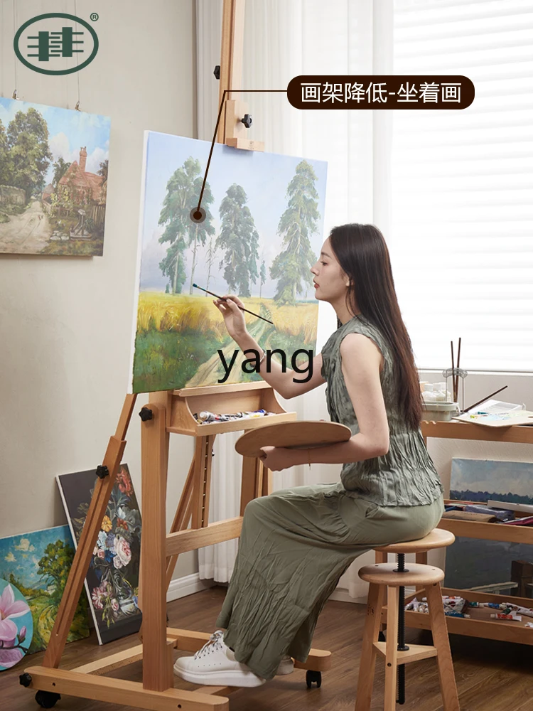 Yjq Studio Flat and Vertical Dual-Use Oil Painting Easel Adjustable Solid Wooden Vertical Wooden Display Stand with Wheels