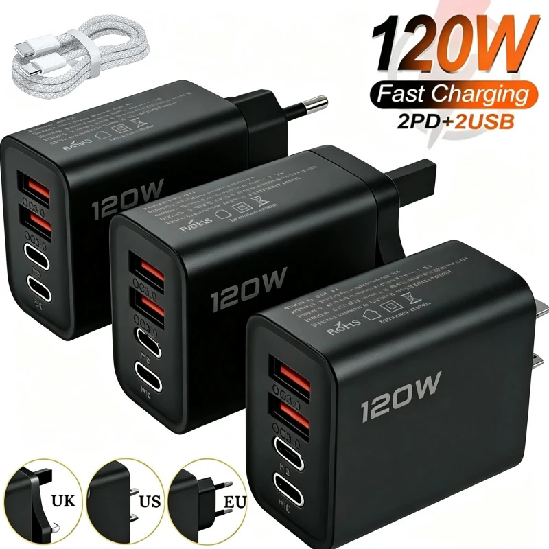Carregador USB de 120W com 4 portas, carregamento rápido, adaptador de carregador de telefone com cabo tipo C para iPhone, Samsung, Xiaomi, carregador de parede com plugue EU/US/UK.