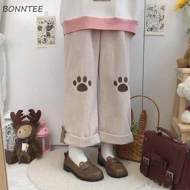 Corduroy Cute Casual Pants for Women Preppy Style Fashion All-matching Wide Leg Pant Sweet Ins Streetwear New Lovely Autumn Girl