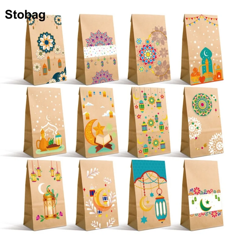 

StoBag 12/24pcs New Eid Mubarak Ramadan Kraft Paper Gift Packaging Bags Children for Candy Snack Storage Pouches Party Favors