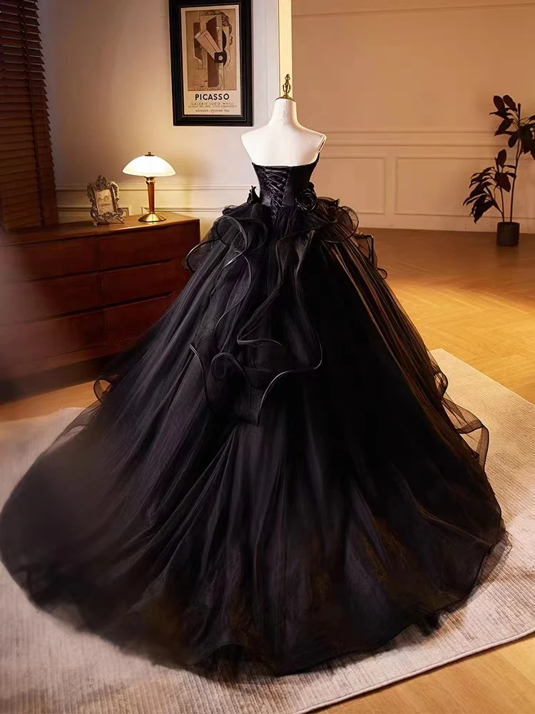 Black Simple Wedding Dress for Bride Long Luxury Evening Dresses for Women 2024 Plus Size Noble Ball Gown with Pearl and flowers