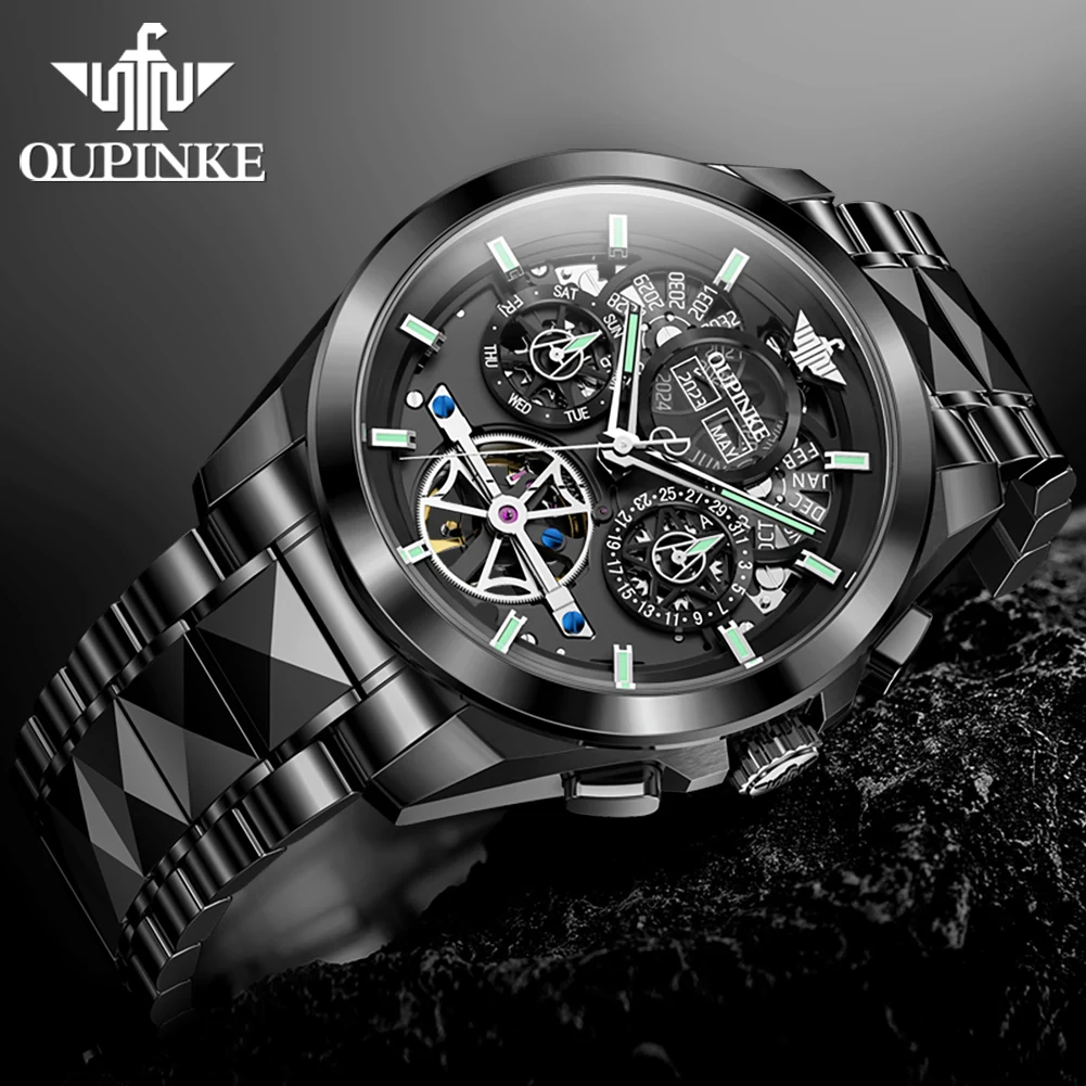 OUPINKE Brand Luxury Mechanical Watches Mens Automatic Luminous Sapphire Steel Waterproof Perpetual Calendar Week Reloj Hombre