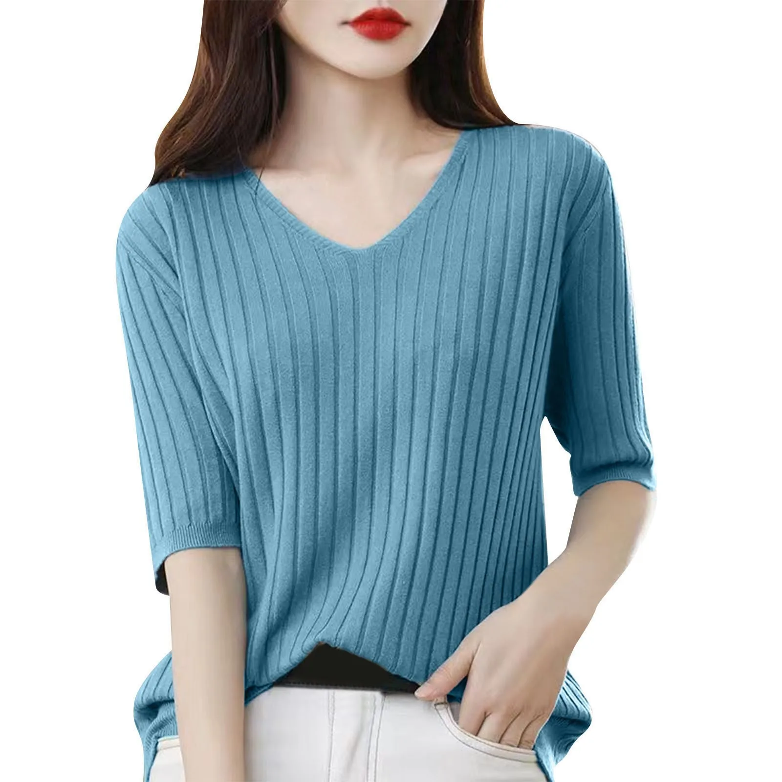 T-shirt Women's V-neck Pullover Half Sleeve Top Fashionable Age Reducing Loose Short Sleeve T-shirt Spring/Summer