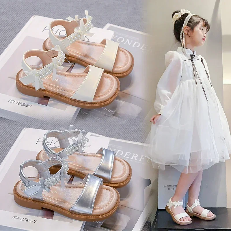 

Girls Fashion Princess Shoes Sweet Beading Kids Sandals Open Toes Cute Bows 2025 Summer New Children Beach Soft Hook&loop Shoes