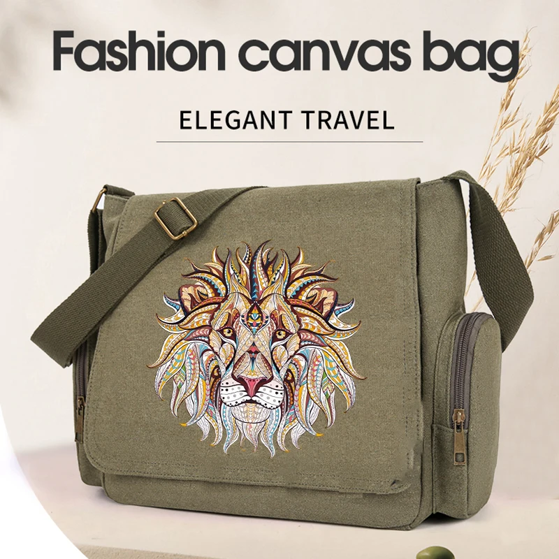 

Personality Shoulder Bag Large Capacity Luxurious Lion Pattern Crossbody Bag Unisex Canvas Book Bag Commuting