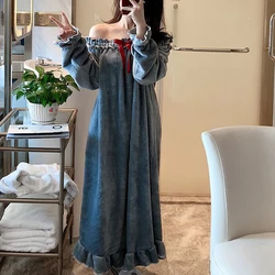 Fleece Women Nightgown Korean Ruffles Sleepwear Winter Night Dress Knee Length One Piece Pajamas Slash Neck Warm Home Wear New