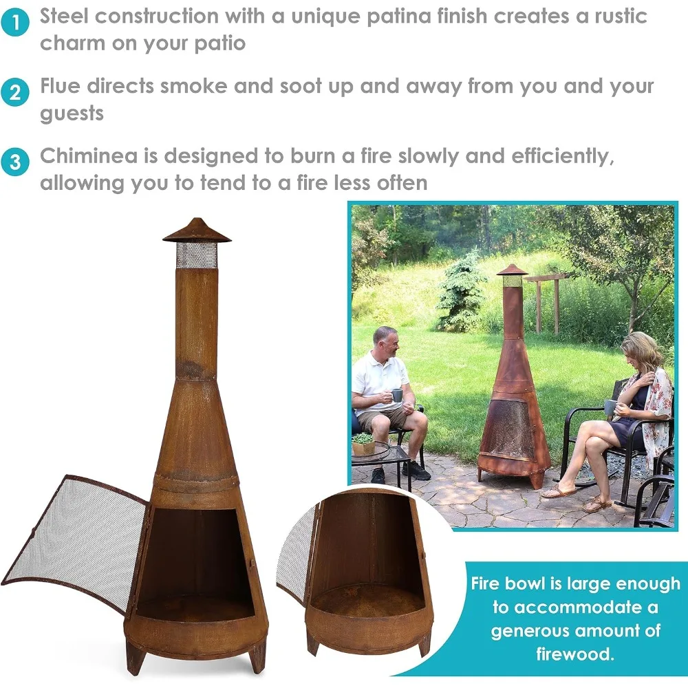 70-Inch Rustic Heavy-Duty Steel Chiminea with Rain Cap and Mesh Spark Screen - Rust Patina Finish