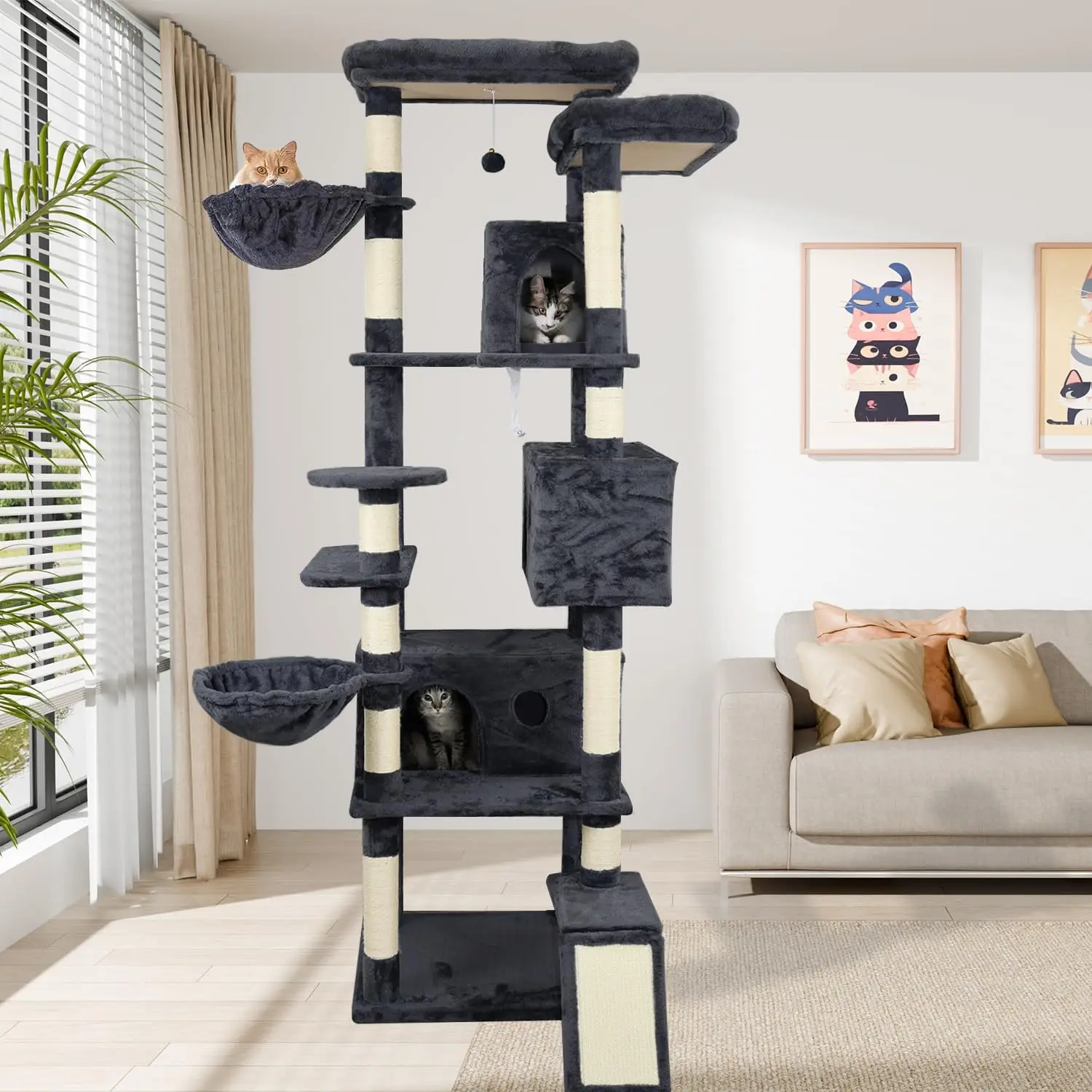 Wholesale Cheap Multilevel Dark Gray Modern Wood Cat Tree Tower Platform Large Wide Base Condo Climbing Cat Scratch Trees