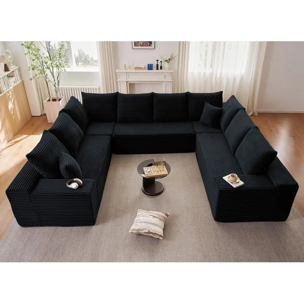 

Luxury Deep-Seat Corduroy Couch Set with Memory Foam, 12 Pillows, Black, No Assembly Needed