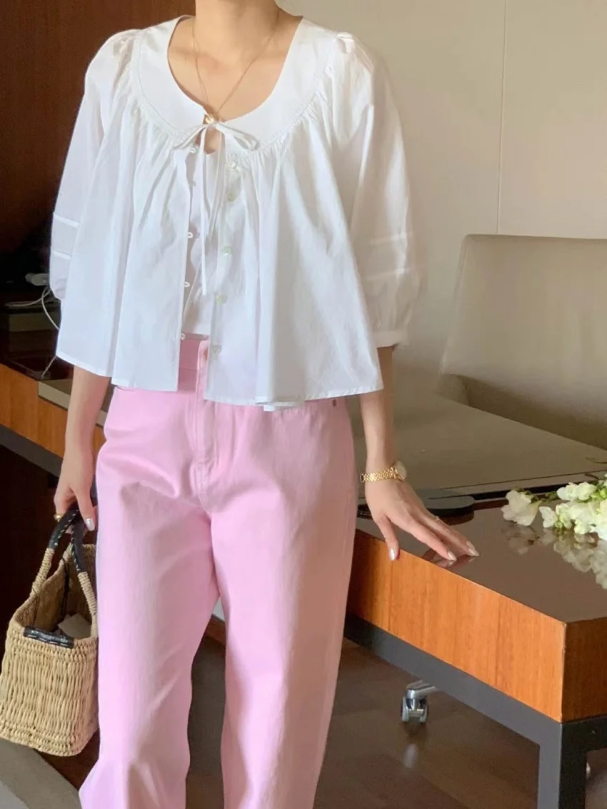 الغريبة كيتي الصيف لطيف قمصان المرأة الجديدة سليم تانك القمم فضفاضة عادية الحلو الدانتيل OL 2025 نصف كم كل مباراة شيك يوميا #2