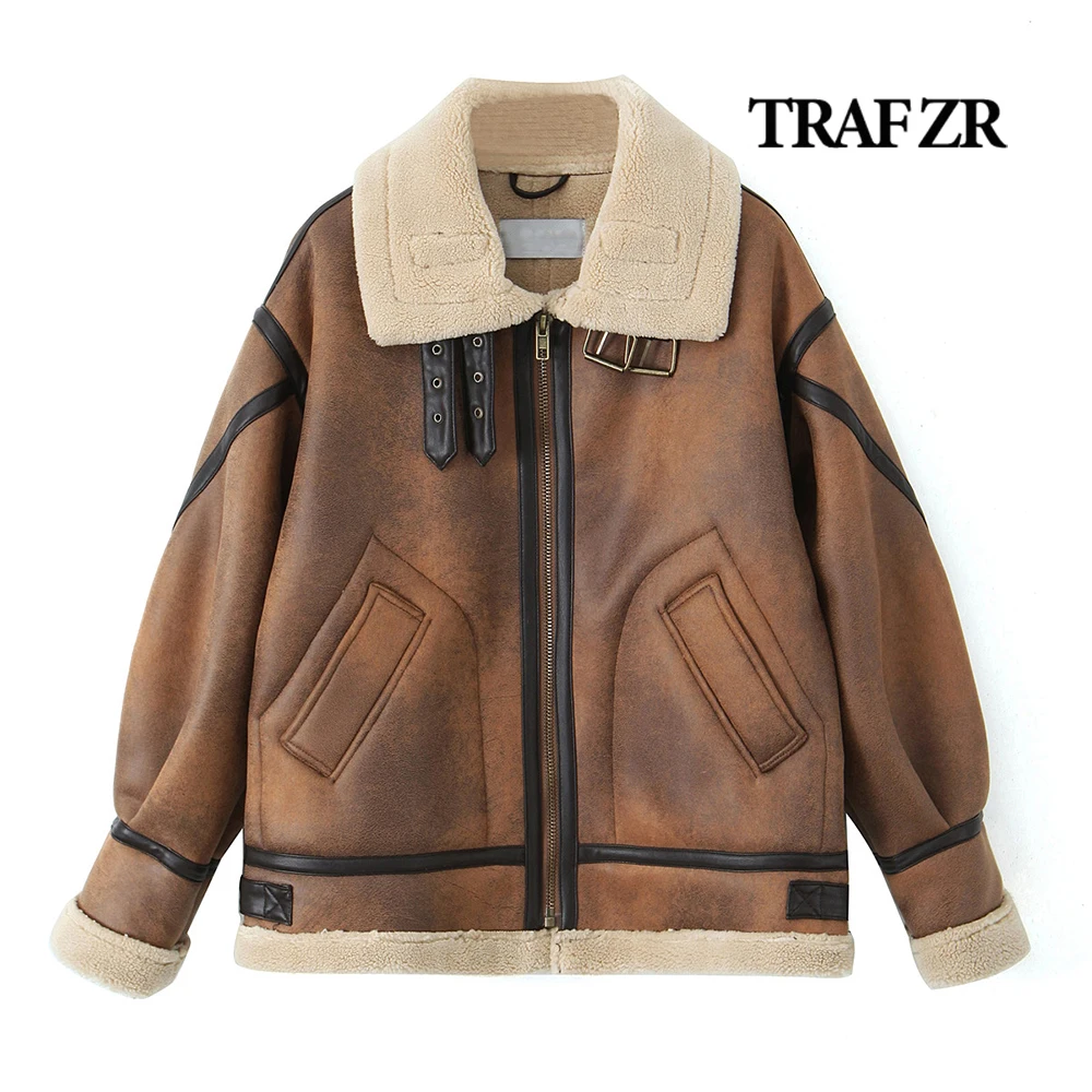 TRAF-ZR Elegante Jaqueta de Couro Falso para Mulheres, Manga Longa Algemada, Contraste Superior Senhora Casacos, Bolsos Frontais, Casacos de Inverno, 2022