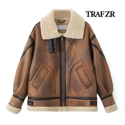 TRAF ZR-Chaqueta de piel sintética con manga larga y puños para mujer, abrigo elegante con bolsillos delanteros en contraste, prendas de vestir exteriores para invierno, 2024