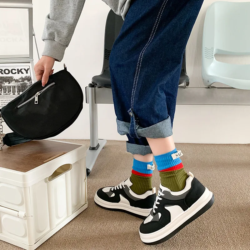 Contrast colored socks, women\'s high top pile up socks, Korean version of spring/summer cotton socks
