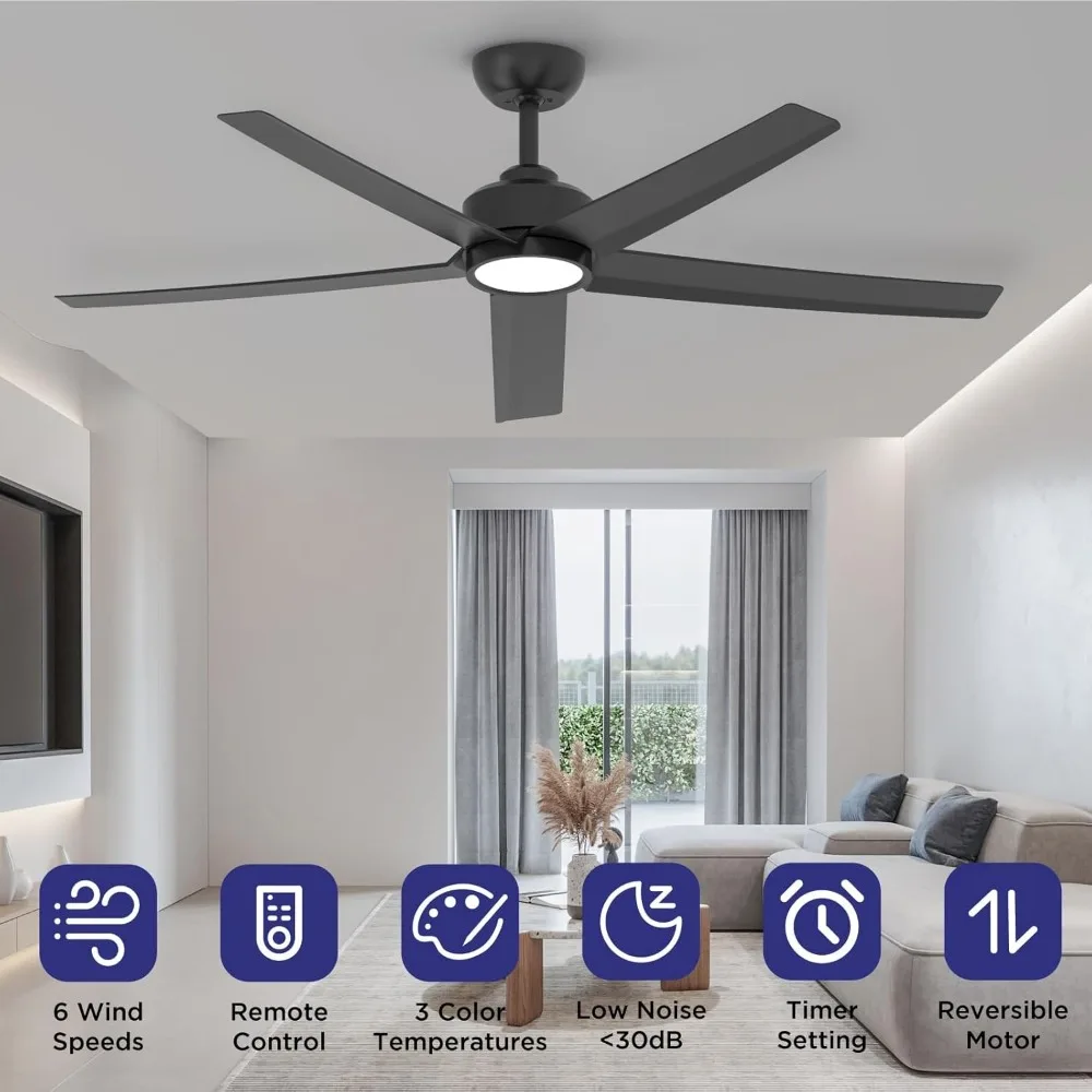 Ceiling Fans with Lights,52 inch Black Ceiling Fan with Light and Remote Control,3CCT,Quiet DC Motor,5 Blades Modern Ceiling Fan