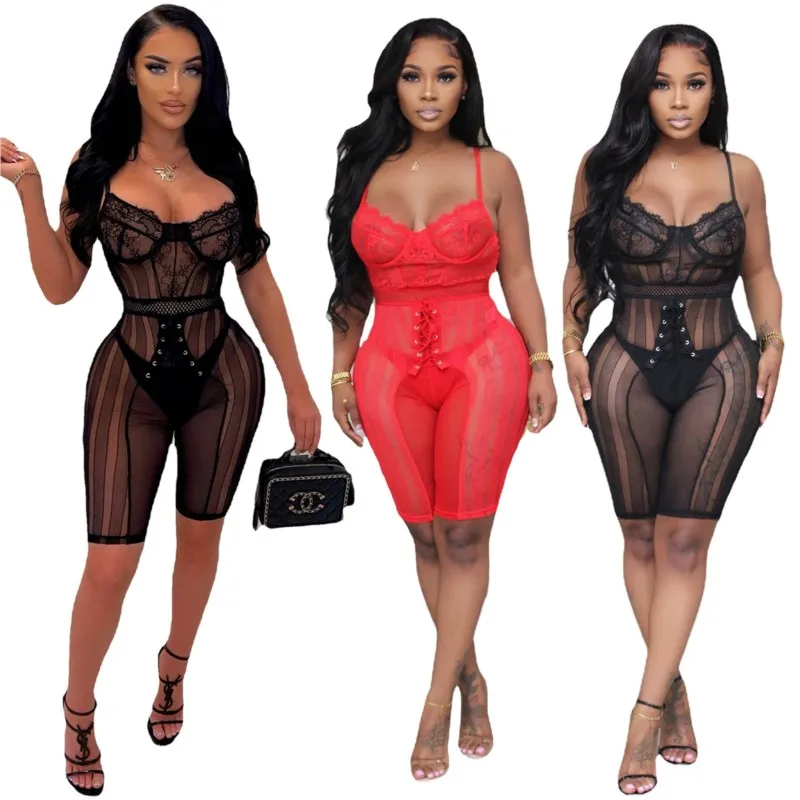 

Beach One Piece Dress Korean Style Outfits Women Suit New Corset Strap T Stripe Lace Sexy Jumpsuit Solid Polyester Cover Up Swim