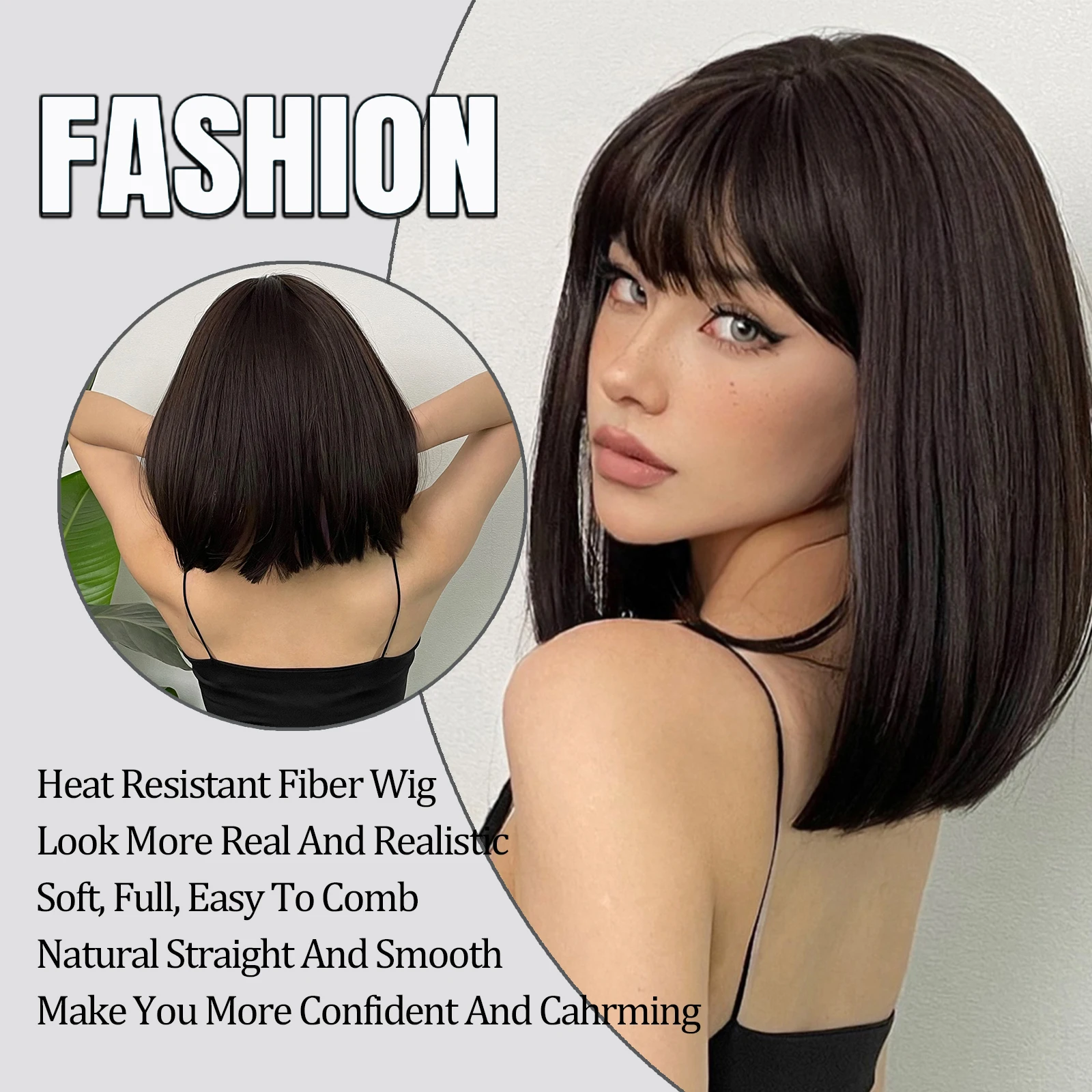 LOUIS FERRE Black Brown Synthetic Wigs With Bangs Short Straight Bob Wigs for Women Lolita Cosplay Heat Resistant Natural Hair