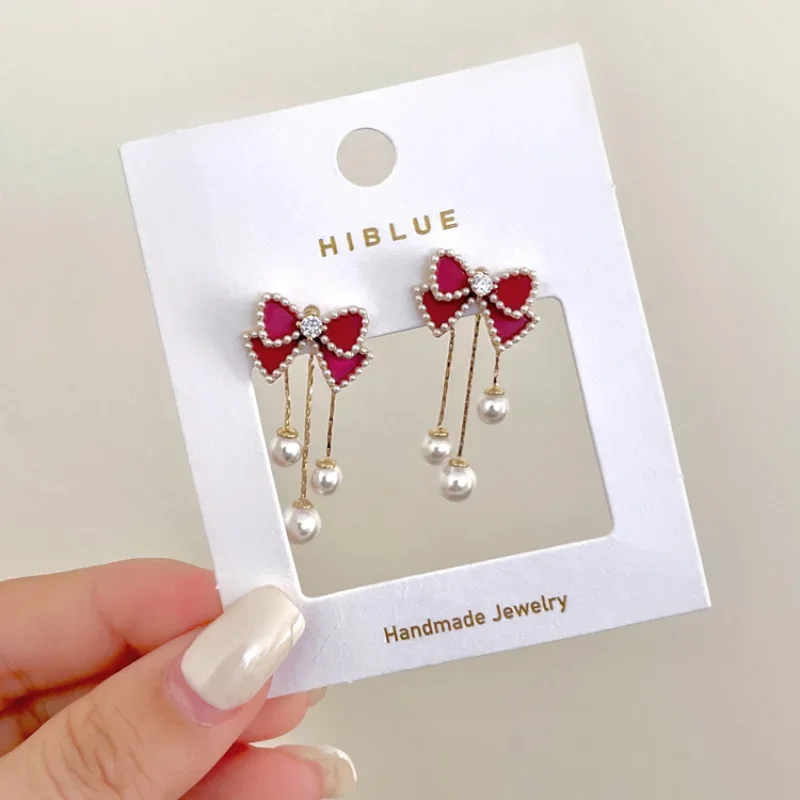 

Christmas red bow high-end pearl fringed earrings pendant for women