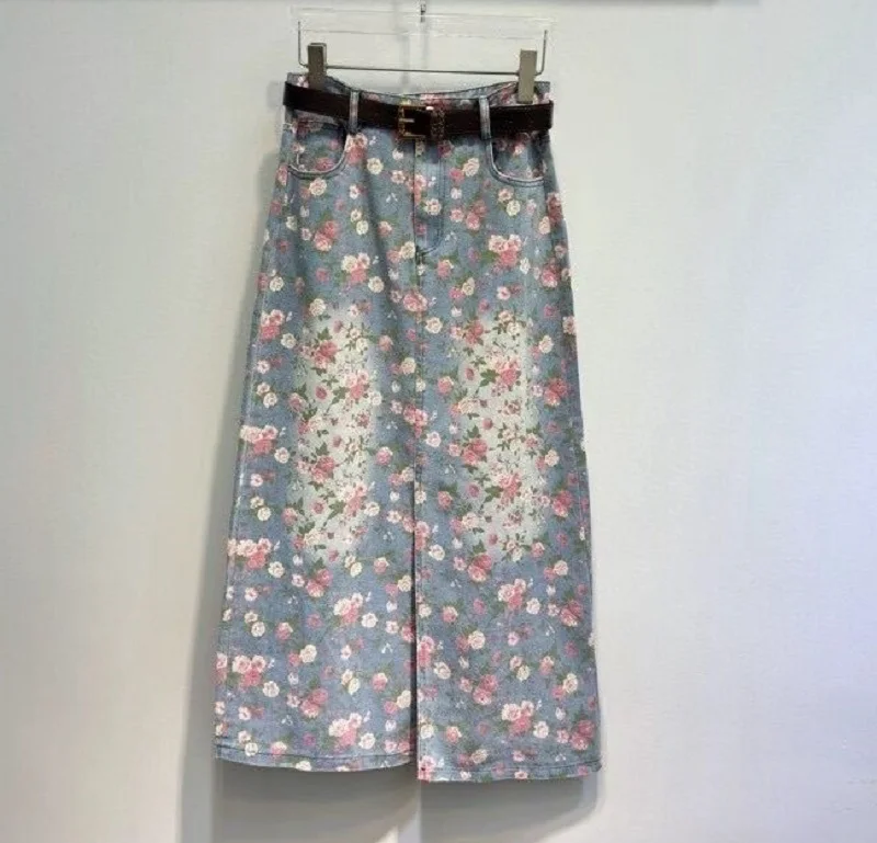 

2025 Autumn Fashion Long Skirt High Quality Denim Women Colorful Floral Print Belt Patchwork Sexy Split Casual Long Jeans Skirt