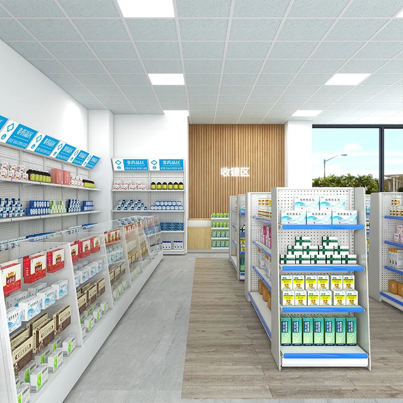 custom，Pharmacy Furniture Shop Interior Design Pharmacy Rack Retail Medical Store Double Sided Gondola Pharmacy Shelving