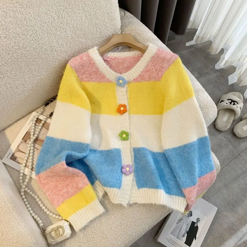 

2025 New Women Autumn Winter Rainbow Striped Floral Button Knitted Cardigan Female Korean Style Sweet Casual Cardigans Sweaters