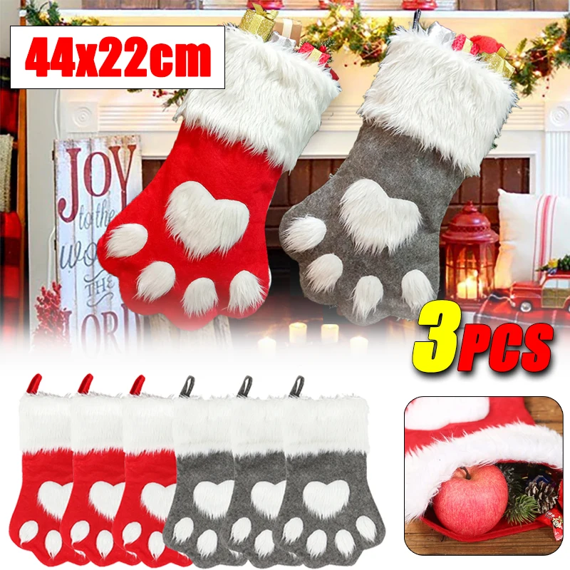 3PCS Christmas Socks Dog Paw Christmas Socks New Year Candy Gift Bag Christmas Tree Decoration Supplies Party Ornaments