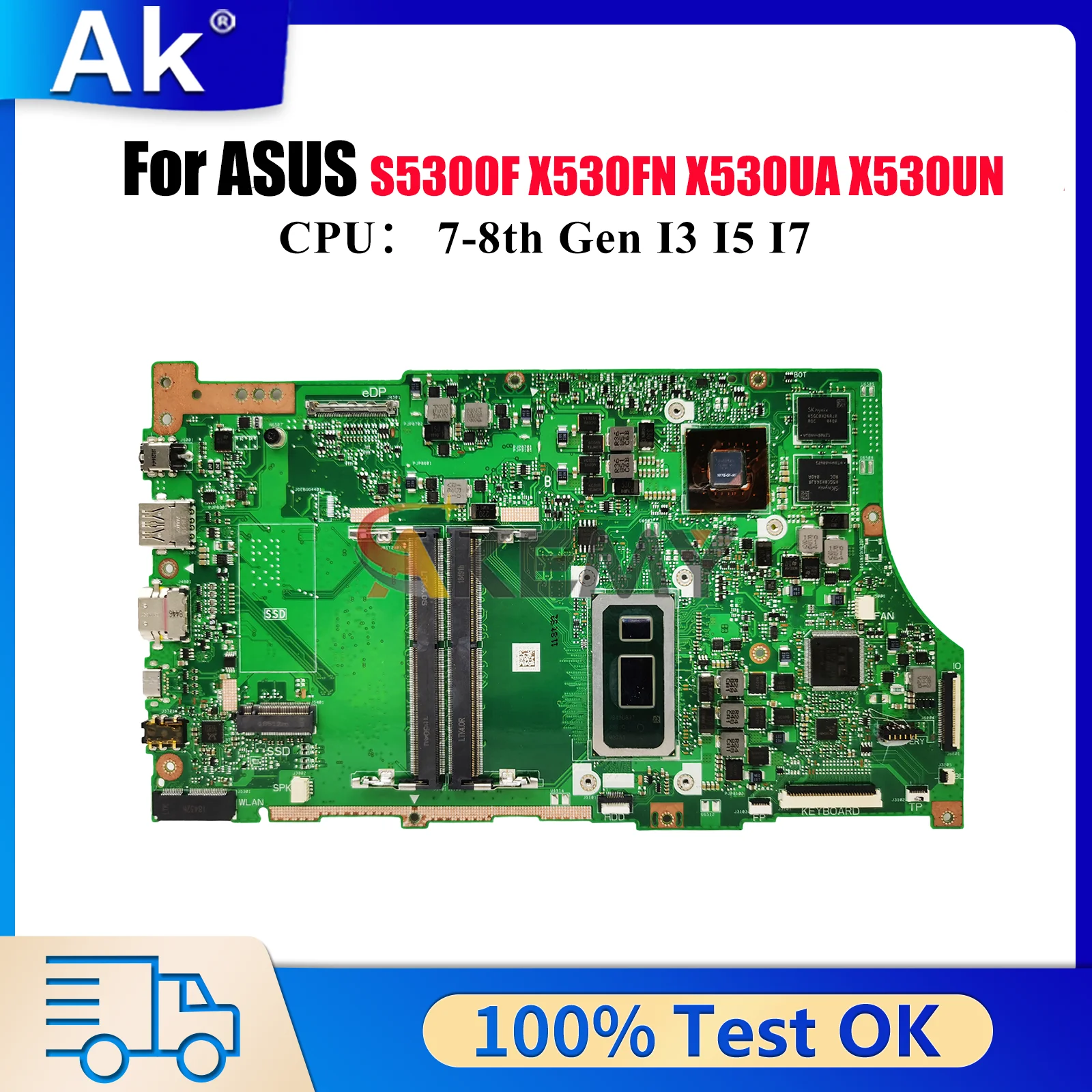 

X530FN Laptop Motherboard For ASUS VivoBook S530F X530FN X530UA K530F X530F X530UN S5300F Notebook Mainboard With I3 I5 I7 CPU