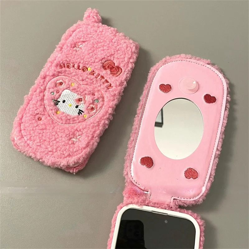 Cute Plush Pink Hello Kitty Mirror What About Cashmere Wool Warmth Flip Phone Case For iPhone 16 15 13 Pro Max KT furry Protect