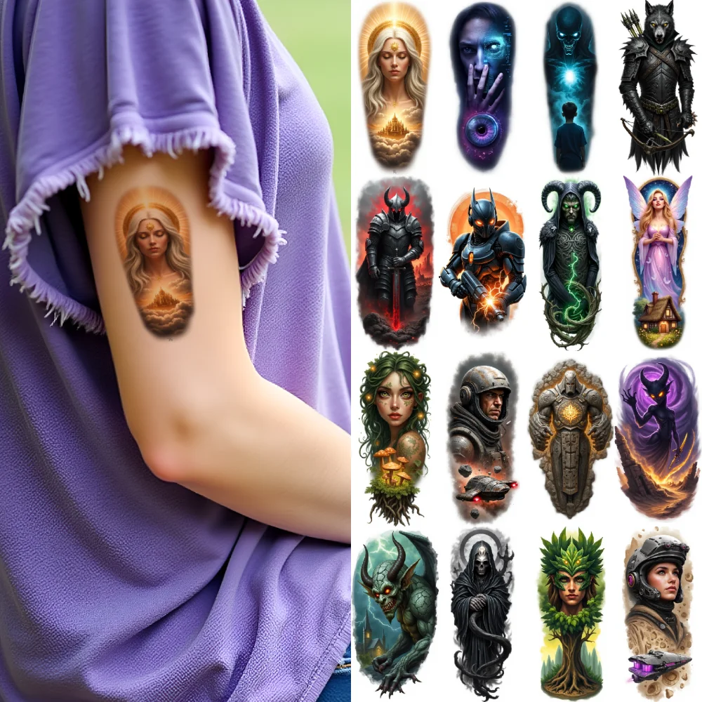 

9pcs Temporary Tattoo Hooded Archer Realistic Temporary Tattoos Flower Woman Green Demon Colorful Realism Demon Face For