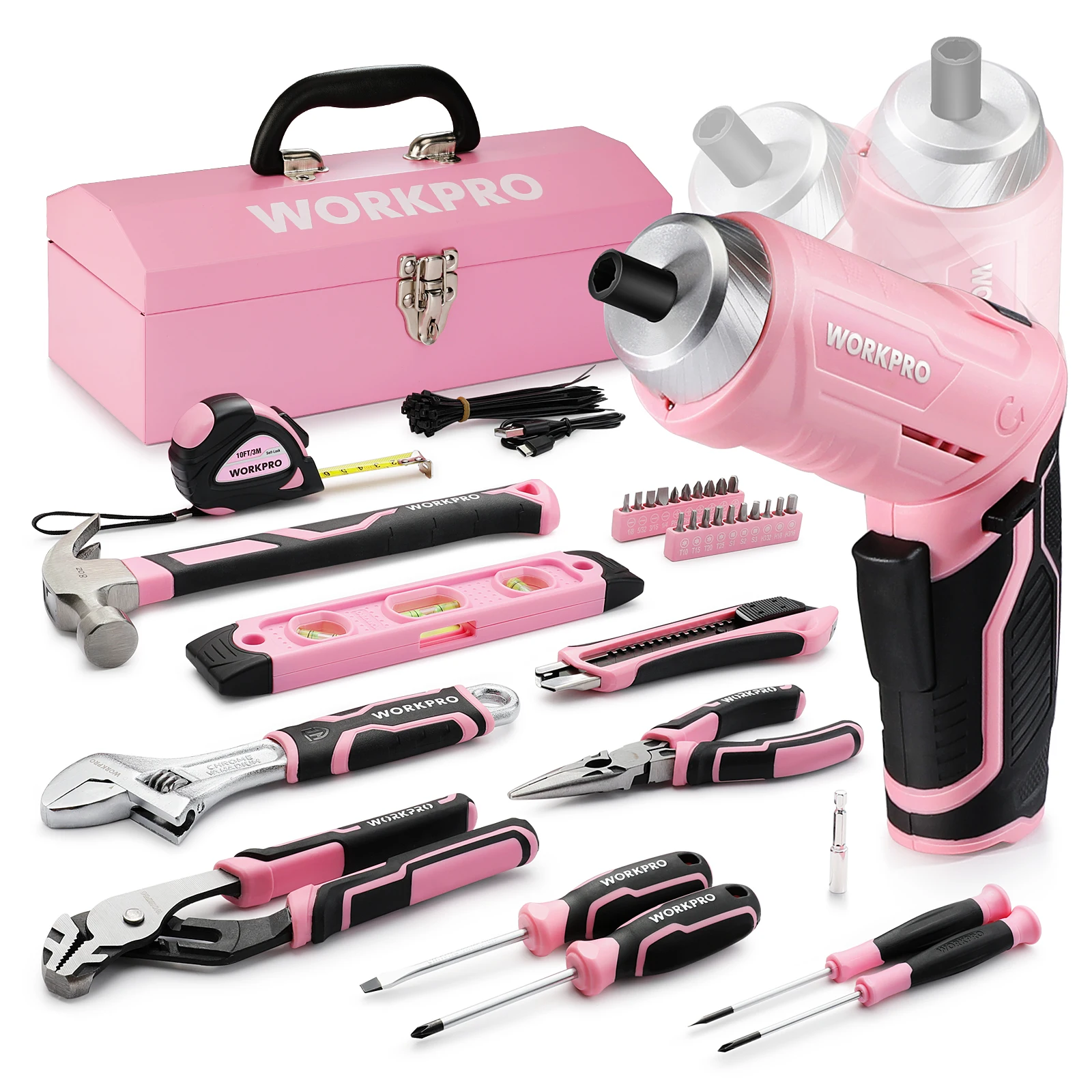 WORKPRO 3.7V Rotatable Cordless Screwdriver and 74pcs Household Tool Kit with 13'' Portable Steel Tool Box