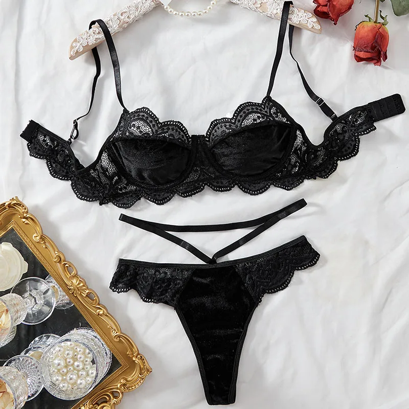 

New Soft Velvet Sexy Bra Women's Slim Fit Lace Lace Gathering Underwear Two Piece Set Lingerie Sous Vetement Femme Sexy