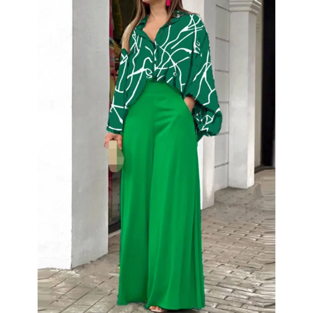 Spring Autumn New Women\'s Fashion Printed Single Breasted Shirt Solid Color Pants Casual Comfort Two Piece Set