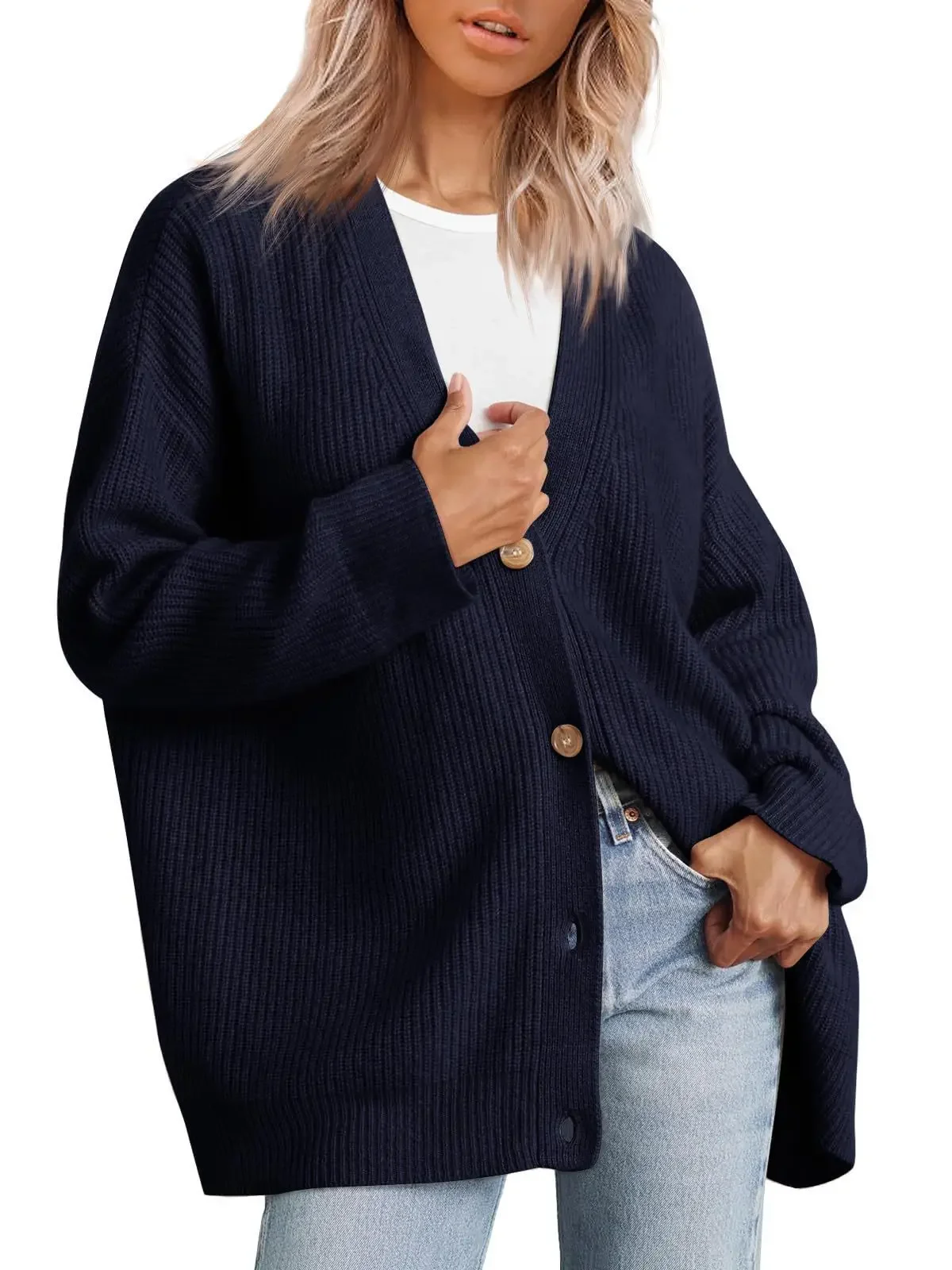 Autumn Winter Europe and The United States Explosion 2024 Simple Knit Button V-neck Solid Color Sweater Stripe Cardigan Women