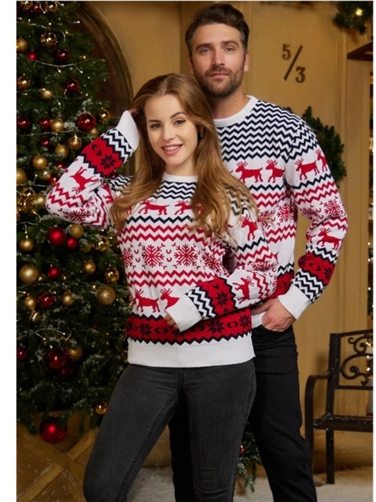 

New Year Christmas Sweater Women Jacquard O-Neck Chic Casual Knit Top Pullovers Festive Party Wear Sweater Couple Sweater Jumper