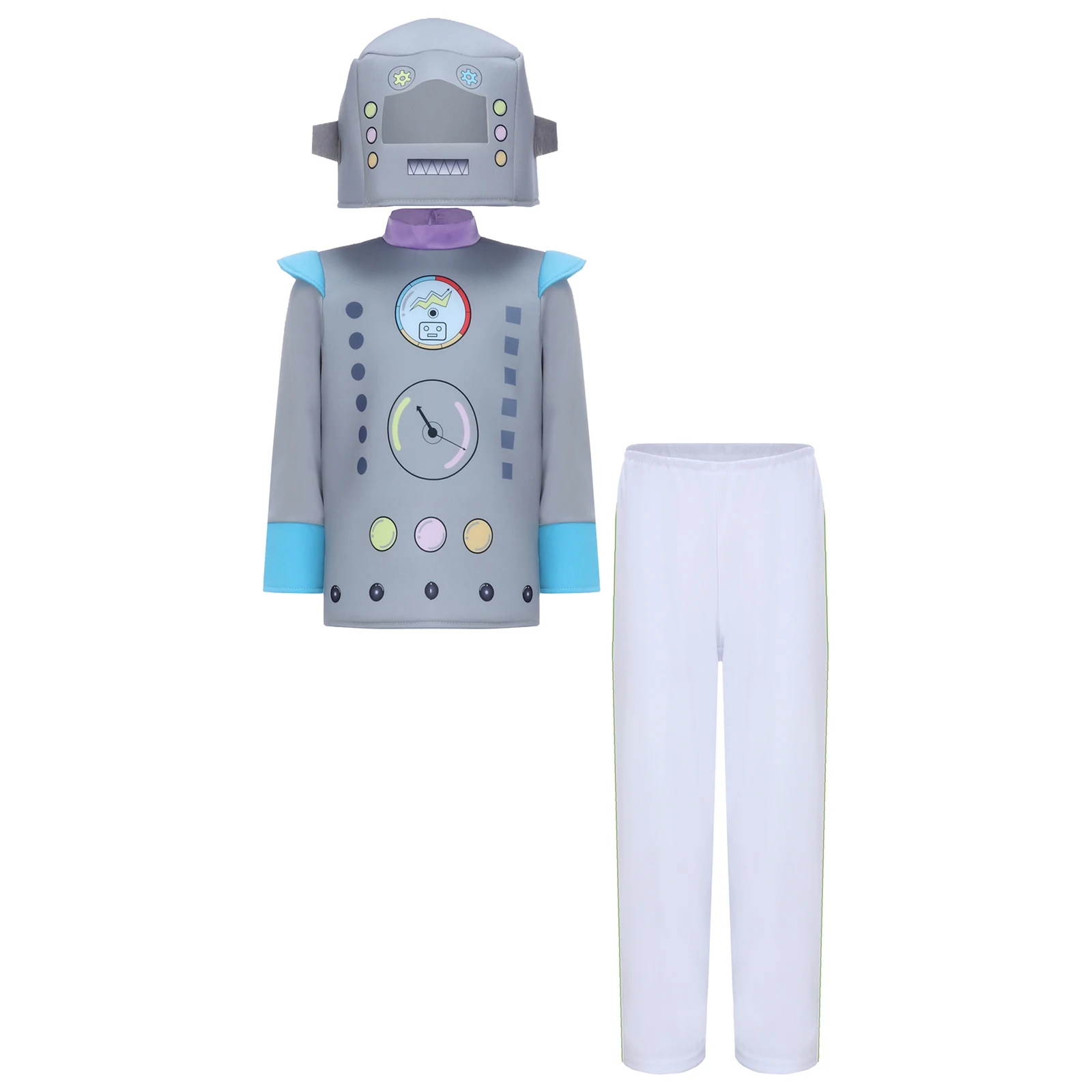 Kid Robot Cosplay Costume Long Sleeve Colorful Printed Shirt Top with Pants Cute Robots Headgear Halloween Carnival Party Outfit