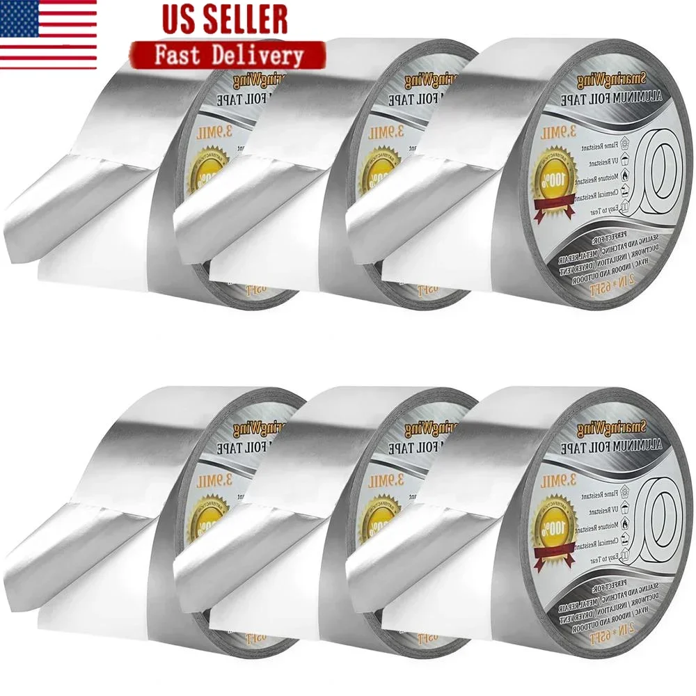 

6 рулонов ленты из алюминиевой фольги, сверхмощная изоляционная лента для воздуховодов HVAC, водонепроницаемая высокотемпературная клейкая лента для ремонта металла, 2 дюйма x 65 футов