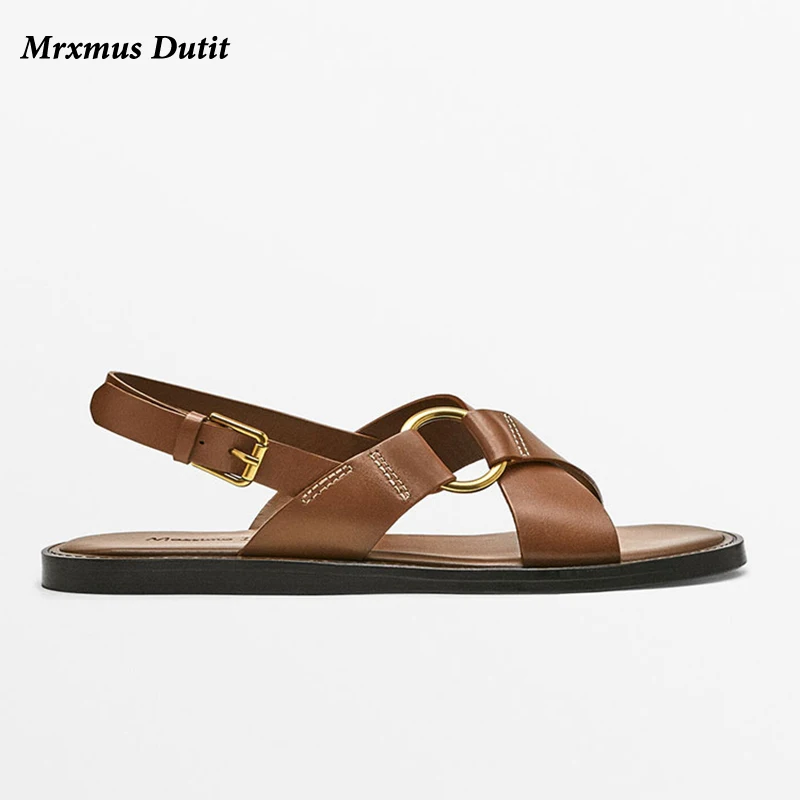 Mrxmus 2023 New Spring Summer Fashion Leather Cross Belt Design Open Toe Roman Sandals Women Simple Casual Flat Shoes Female