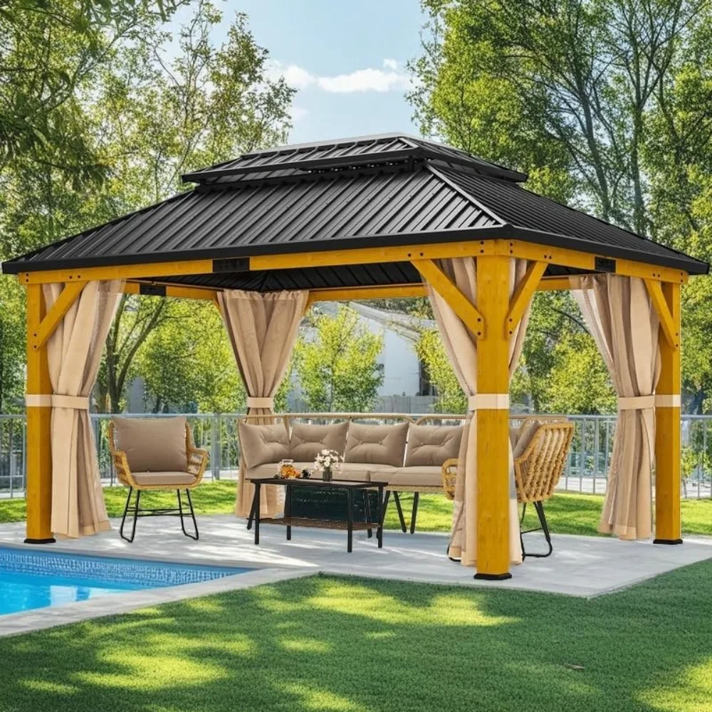 

13X15FT Wood Gazebo Outdoor Wooden Frame Double Roof Hardtop Galvanized Steel Top Canopy w/Curtain and Netting