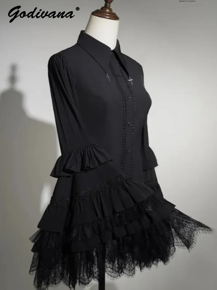 

Halloween Gothic Lace Flare Sleeve Shirt New Spring Women's Black and White Blouse Lolita Blusas Feminina Tops