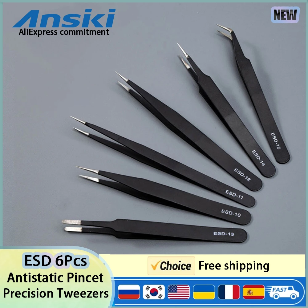 ESD Stainless Steel Tweezers 6Pcs Set Precision Maintenance Industrial Repair Curved Tool Home Working Model Making Hand Tool