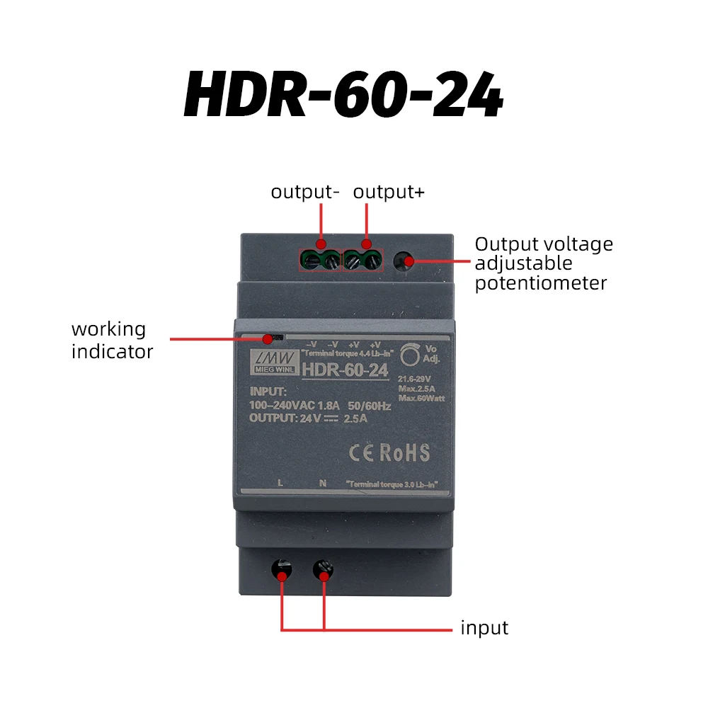 Switching Power Supply HDR-Series 60W AC-DC 5V 12V 15V 24V 48V Ultra Slim Step Shape DIN Rail Switch Power Supply