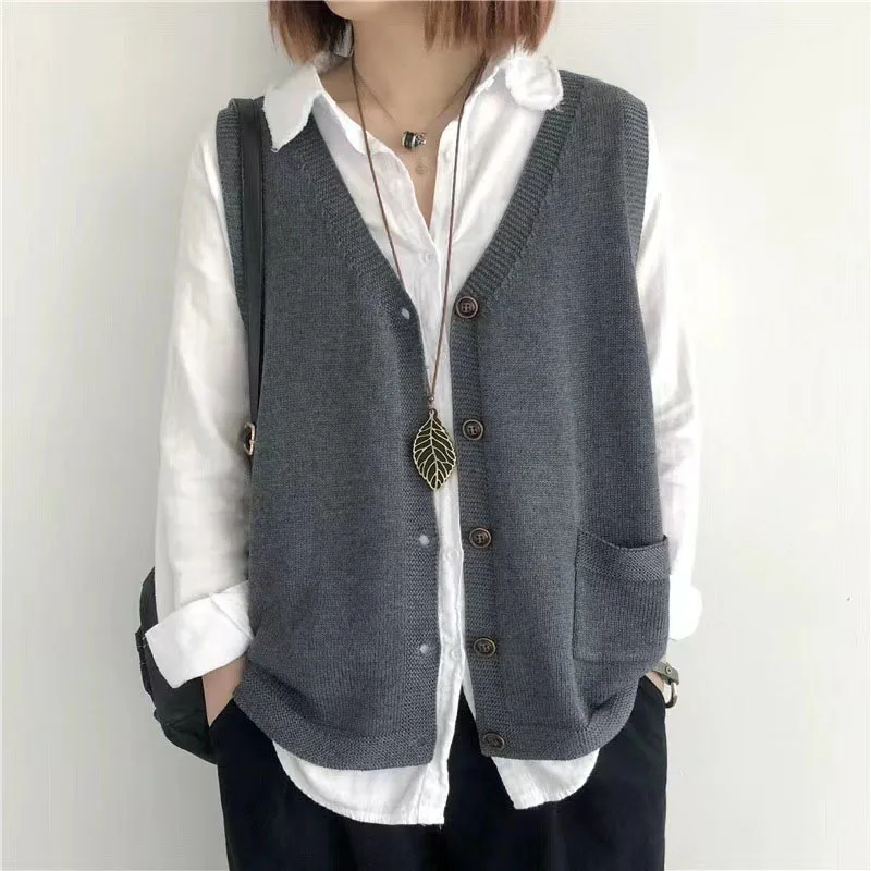 Lucyever Vintage Arts Style Knitted Vest Female Solid Color Sleeveless Button V-Neck Waistcoat Women Casual Loose Knitwear Coats