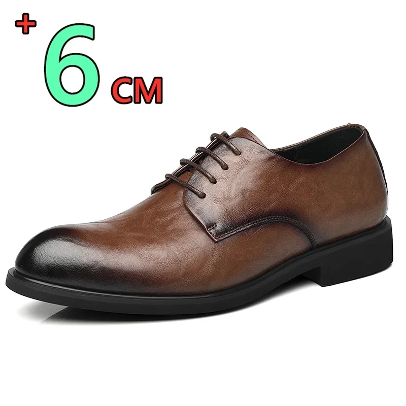 Flat /6cm Retro Cow Split Leather Elevator Shoes Man Formal Wedding Business Shoes Men Invisible Height Increase Lift Shoes