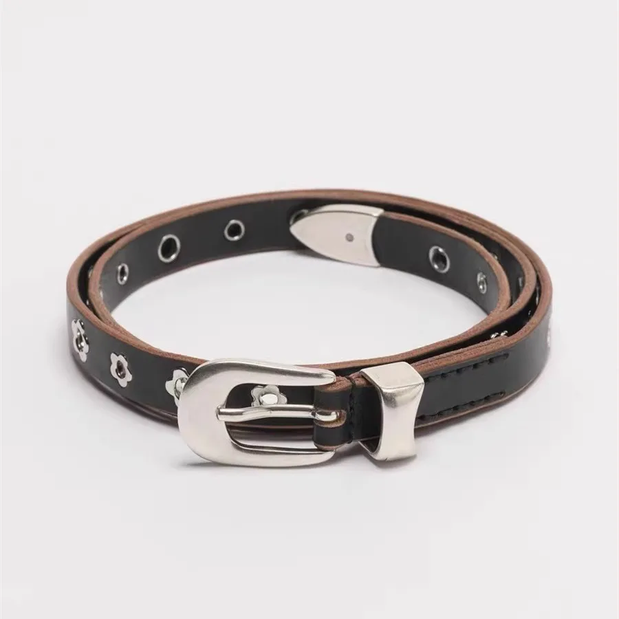 

French Ins Fashionable Plum Blossom Hole Belt Top Layer Cowhide Minimalist Men and Women's Charm Jeans Accessories